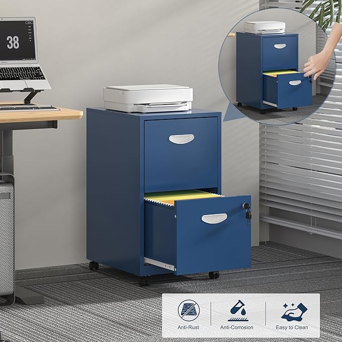 2 Drawer File Cabinet with Lock, Filing Cabinets with Wheels, Rolling File Cabinets for Home Office, Metal Office File Cabinet, Mobile Filing Cabinet for Holding Letters and File Boxes, Blue