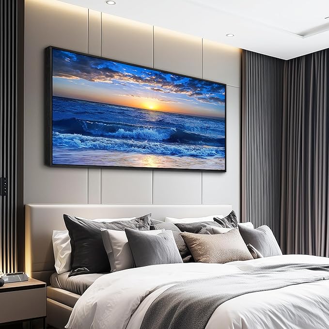 Sea Beach Framed Canvas Wall Art For Living Room Large Size Wall Decor For Bedroom Office Decor Blue Ocean Wall Pictures Artwork Sunny Sea View Wave Painting Home Decorations Black Framed 24" X 48"