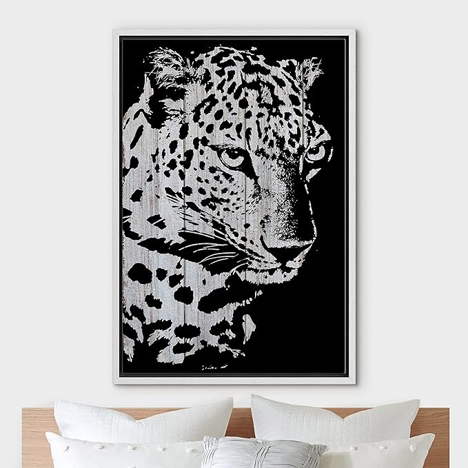 IDEA4WALL Framed Canvas Print Wall Art Grayscale Spotted Leopard on Wood Blocks Animals WildLife Illustrations Modern Art Tropical Portrait Dark for Living Room, Bedroom, Office - 24"x36" WHITE