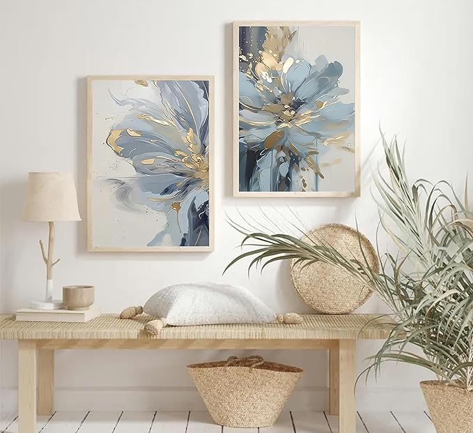 2Pcs Neutral Abstract Floral Canvas Wall Art Luxurious Light Blue Grey And Gold Flower Painting Pictures Wall Decor Poster Print Artwork for Living Room Bedroom Bathroom Home Decoration Unframed