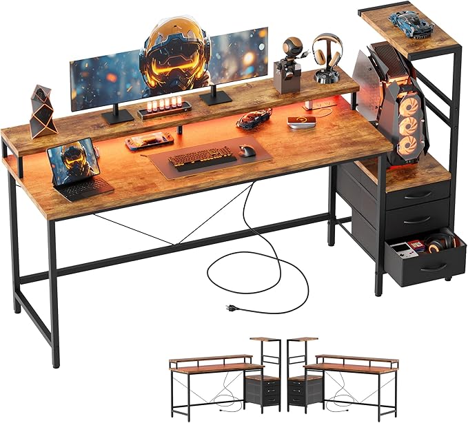 Mericonia Gaming Desk with Power Outlets & LED Lights, Reversible Computer Desk with PC Case Stand, Fabric Drawers, Modern Office Desk with Shelves, Monitor Stand