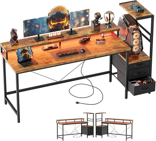 Mericonia Gaming Desk with Power Outlets & LED Lights, Reversible Computer Desk with PC Case Stand, Fabric Drawers, Modern Office Desk with Shelves, Monitor Stand
