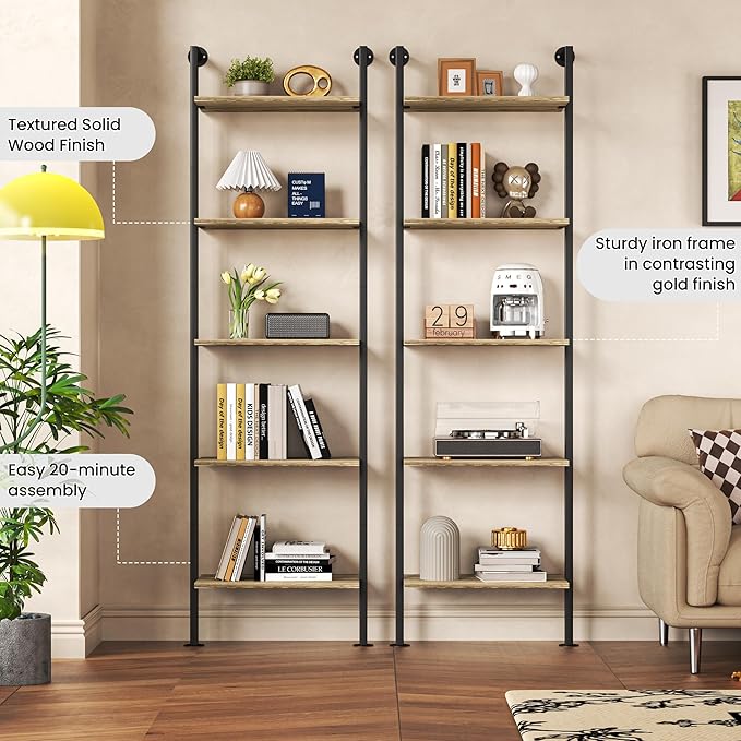 5-Tier Solid Wood Bookshelf, Narrow Book Shelf Set of 2, Wall Mount Ladder Shelf, Storage Rack for Living Room, Bedroom, Industrial Style, Rustic Brown