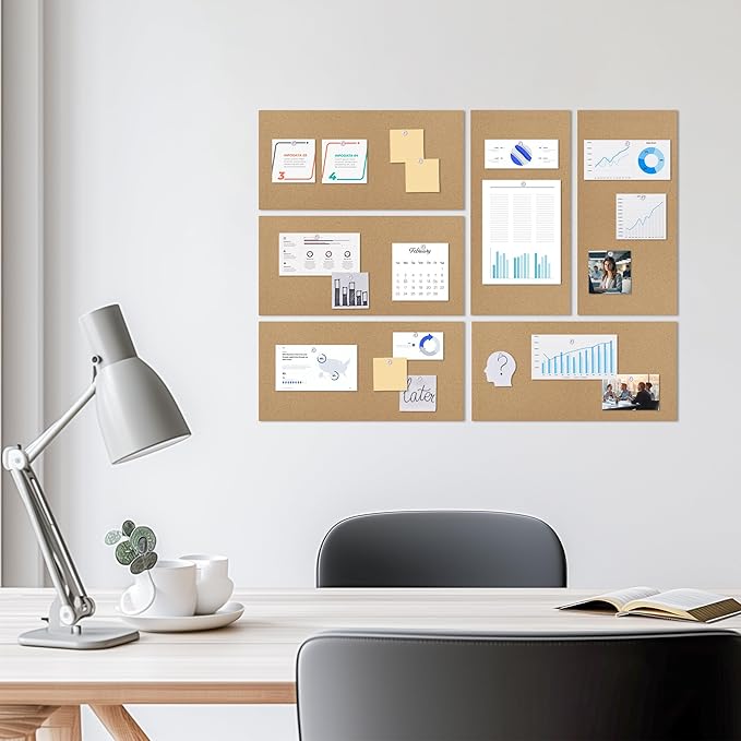 Cork Board 17"x 8" Tiles Bulletin Board 6Pack, 1/2" Thick Self-Adhesive Cork Boards for Walls, Corkboards for Office Home School Message Board or Vision Board Decoration