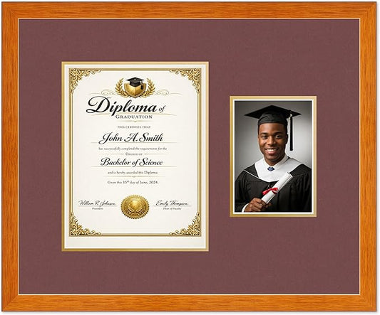 CountryArtHouse Fits 8.5 x 11 Certificate (Portrait) and 5 x 7 Photo Diploma and Photo Frame Honey Oak Genuine Hardwood with Dark Red Over Metallic Gold Double mat