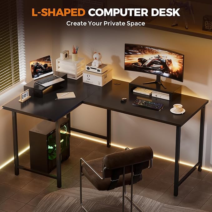 COMHOMA 57" L Shaped Desk with 2 Monitor Stand, Reversible Computer Desk Corner Desks Gaming Desk PC Table, Large Work Workstation for Gaming Writing Study, Black