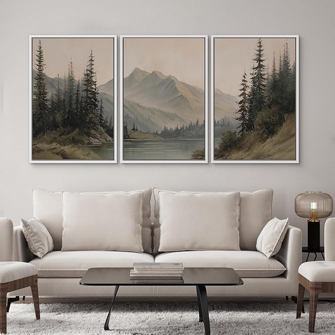 SIGNWIN Framed Canvas Print Wall Art Set Tranquil Pine Forest Mountain Lake Landscape Illustrations Modern Art Decorative Nordic Abstract for Living Room, Bedroom, Office - 16"x24"x3 White