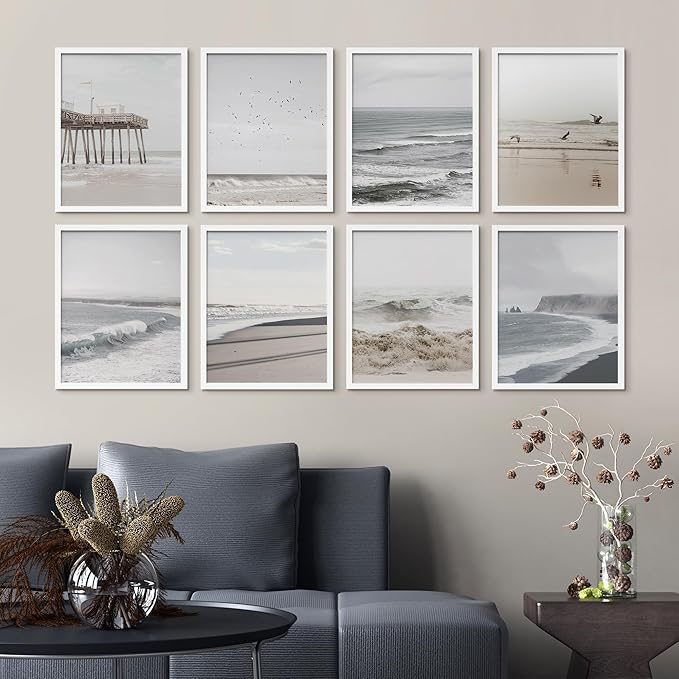SIGNWIN Framed Poster Wall Art Set of Ocean Beach Seashore Coastals, White Minimalist California Ocean Beach Seashore Pier Nature Wilderness for Living Room, Bedroom, Office - 11"x14"x 8 White