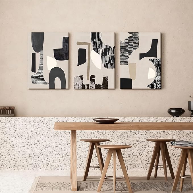 NCCXNCC 3Pcs Black and Beige Abstract Canvas Wall Art Bohemian Living Room Wall Decor Paintings Modern Geometric Posters Print Neutral Minimalist Artwork Pictures Bedroom Office Decor 12x16 Inch