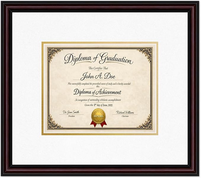 Diploma Frame Executive Brown with Oyster Shell Over Gold Double Mat - Fits 10 x 8 Professional License Wall Display Made in the USA