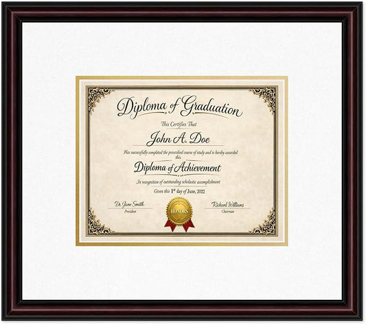 Diploma Frame Executive Brown with Oyster Shell Over Gold Double Mat - Fits 10 x 8 Professional License Wall Display Made in the USA