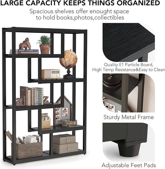 Tribesigns Way to Origin 6-Shelf Modern Bookshelf Set of 2, Industrial Etagere Bookcase, 69-Inch Tall Storage Display Staggered Shelves with Sturdy Metal Frame, Black