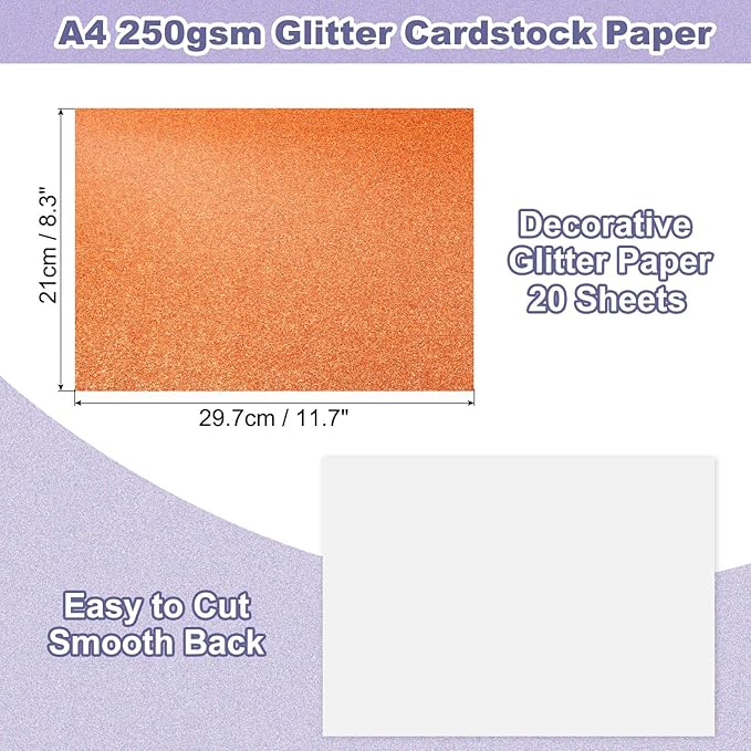 PATIKIL 20Sheets Orange Glitter Cardstock, 8.3x11.7 in A4 Glitter Paper Card Stock Shiny Scrapbook 250gsm Sparkly Paper Large Shimmer for Crafts Scrapbook DIY Art Wedding Party