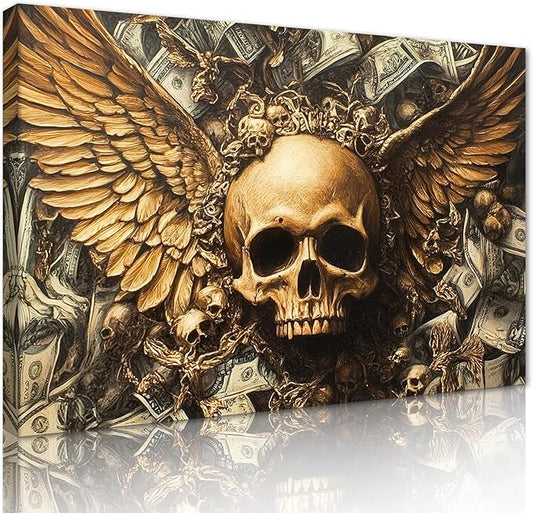 Large Money Wall Art Golden Wings Skull and Dollar Bills Posters Wall Decor Gothic Canvas Print Artwork for Living Room Bedroom Dark Fantasy Themed Decoration 28x44inch