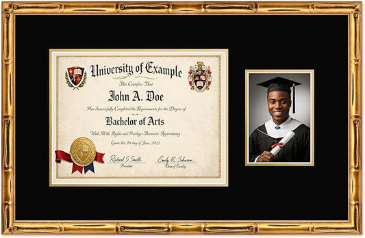 CountryArtHouse Fits 13 x 10 College Diploma (Traditional) and 5 x 7 Photo Diploma and Photo Frame Gold Bamboo Genuine Hardwood with Black Over Metallic Gold Double mat