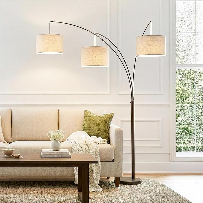 Brightech Trilage Arc Floor Lamp - Large Standing Lamp with 3 Fabric Shades & LED Bulbs for Living Room Over The Sofa, Reading, Multi-Head Traditional Tree Floor Lamp for Bedroom - Oil Rubbed Bronze
