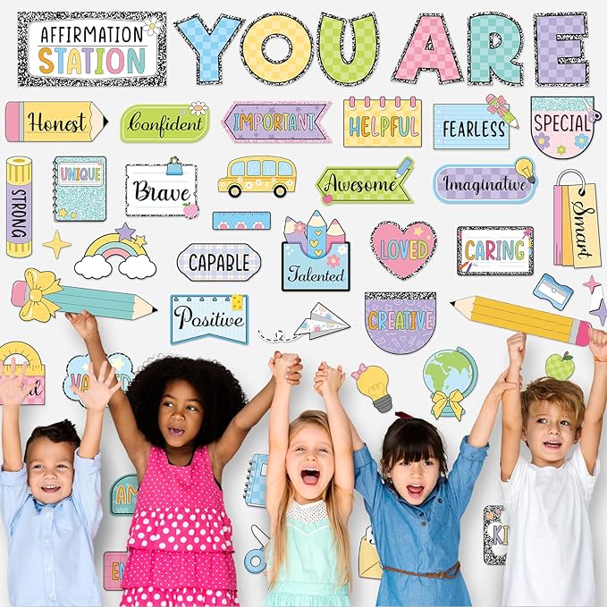 45pcs Colorful Composition Affirmation Station Bulletin Board Set Motivational Posters Classroom Mirror Growth Mindset Decor Positive Affirmations Accents Cutouts for School Office Home Wall