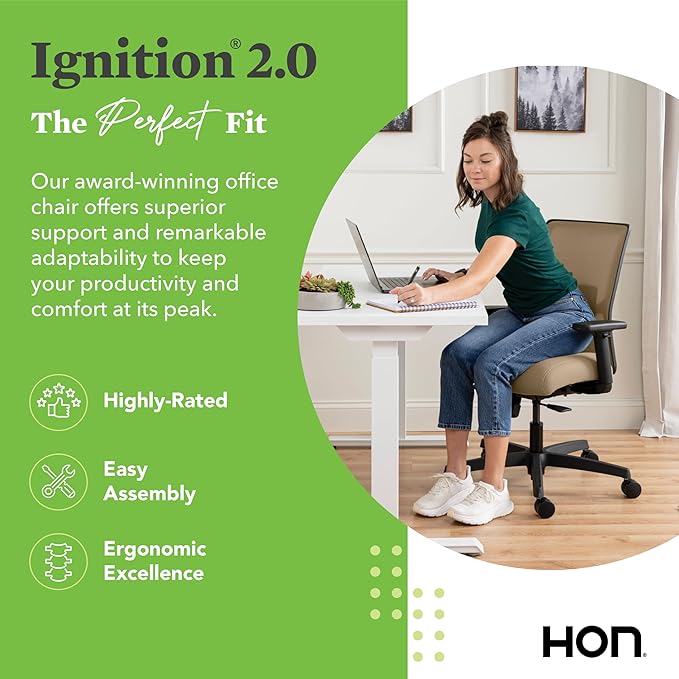 HON Ignition 2.0 Low Back Task Chair, Spectrum Mesh, Standard Synchro-Tilt Control, Office Chair with Lumbar Support, Height and Width Adjustable Arms, Black Frame, Quicksand