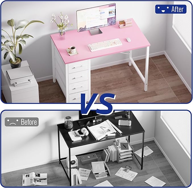 Pamray 32 Inch Computer Desk with 4 Drawers Small Office Desk for Home Bedroom Study Writing Simple Modern Computer Table Pink