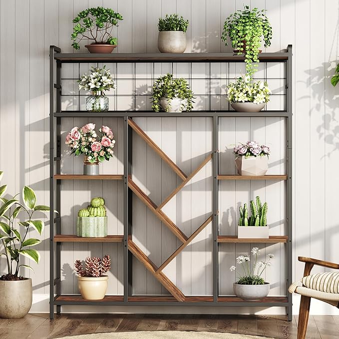 Triple 5-Tier Bookshelf, Industrial Large Bookcase with 14 Open Display Shelves, Modern Tree Bookcase with Metal Frame and Hanging Function for Living Room, Home Office, Rustic Brown and Black
