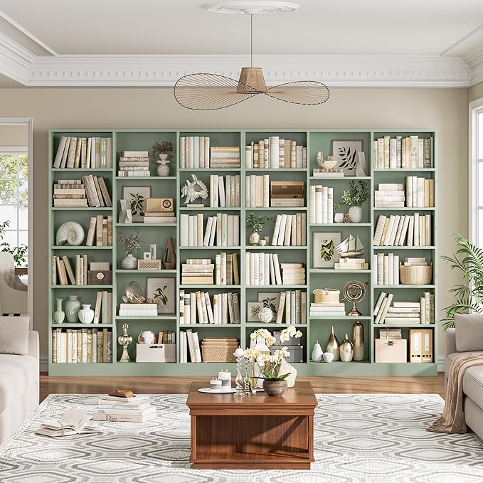 FACBOTALL Triple Wide Bookshelf, 6 Tier Large Bookshelf, Bookcase with 17 Open Display Shelves, 74'' Tall Bookcases and Bookshelves for Living Room, Home Office, Library, Green