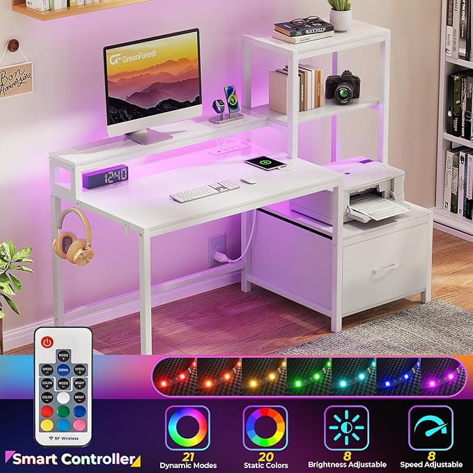 GreenForest Computer Desk with Drawers and Monitor Stand, Home Office Desk with Storage Shelves, Small Gaming Desk with Power Outlets and LED Lights for Study Writing Working, 51 inch White