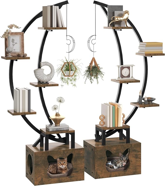 DWVO Tall Bookshelf with LED Light, Artistically Designed Moon Arched Bookcase with Cats Litter Box,10-Tier Bookcase Corner Display Shelf for Home Office, Bedroom