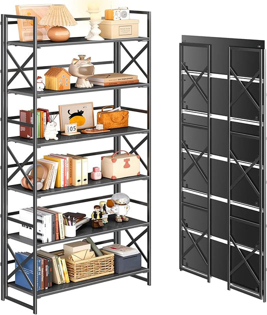 4NM Extra Wide 6 Tiers No Assembly Book Shelves, 61.8" H Folding Bookshelf Bookcase Open Industrial Foldable Shelves for Bedroom, Living Room, Home Office - All Black