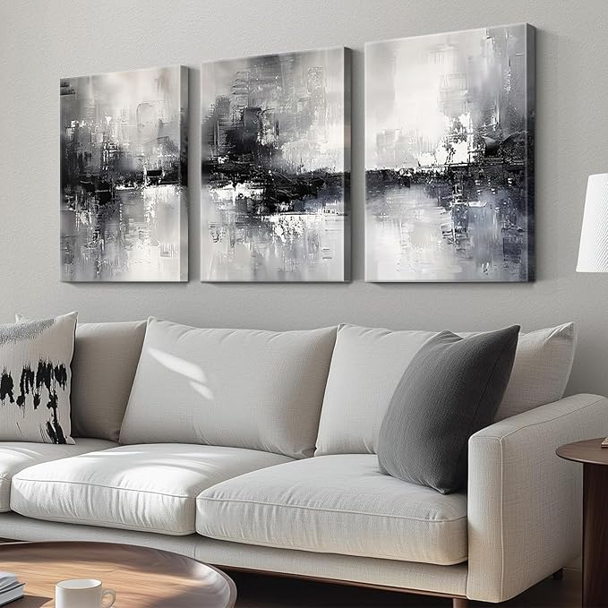 Dytila 3 Piece Large Black And White Abstract Canvas Wall Art for Living Room, Black And Grey Wall Decor, Modern Minimalist Art Print Pictures, Home Artwork - Dining Room Office Framed 16x24 Inch