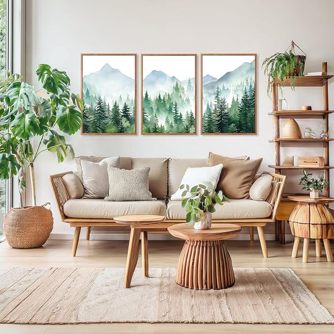 CHDITB Mountain Landscape Framed Canvas Wall Art(16"x24"), 3 Panels Boho Nature Forest Artwork Prints, Large Abstract Modern Green Pine Trees Art Decor for Bedroom Living Room Office