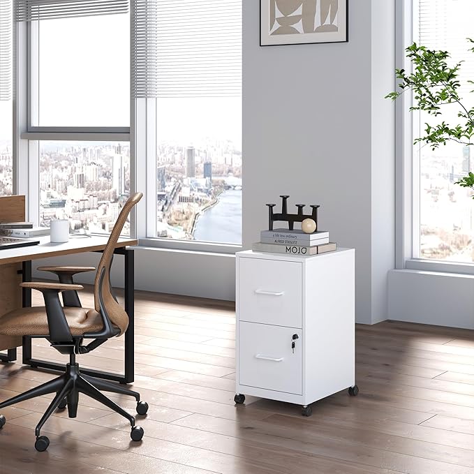 2-Drawer Mobile File Cabinet with Lock & Wheels,Under Desk File Cabinets for Home Office,Steel Rolling Cabinet for Legal/Letter Files(White)