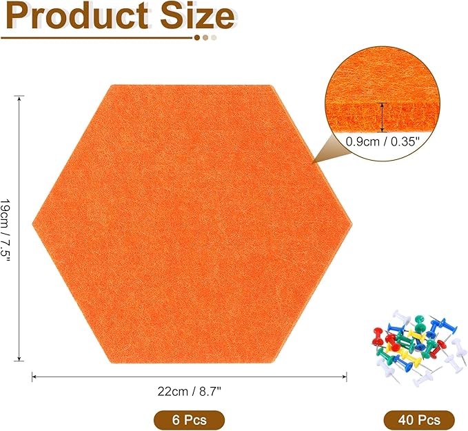 uxcell 6 Pcs Hexagon Felt Pin Board with 40 Pcs Pushpins 8.7" x 7.5" Self Adhesive Felt Bulletin Board Cork Boards for Walls Decorations Paste Notes Photos Schedules, Orange