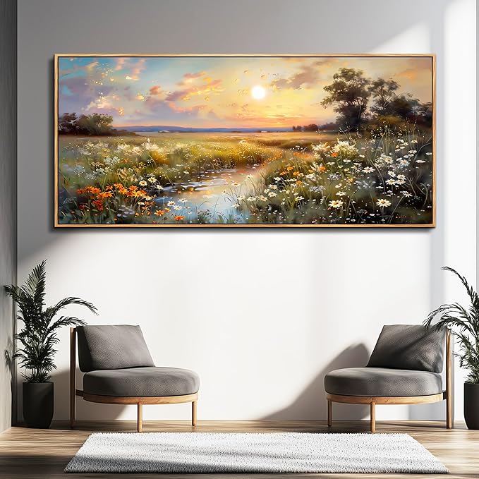 hyidecorart Wood Framed Wall Art For Living Room Farmhouse Bedroom Wall Painting Natural Scenery Wall Decor Artwork For Office Flowers And Trees Abstract Pictures Canvas Prints Hanging Decor 72x32