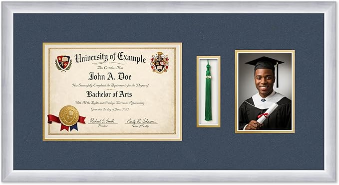 CountryArtHouse Diploma Tassel and Photo Shadowbox Fits 11.69 x 8.27 A4 Certificate with Tasse Stainless Silver Genuine Hardwood with Navy Blue Over Metallic Gold Double mat