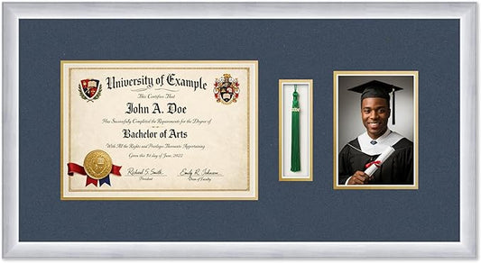 CountryArtHouse Diploma Tassel and Photo Shadowbox Fits 11.69 x 8.27 A4 Certificate with Tasse Stainless Silver Genuine Hardwood with Navy Blue Over Metallic Gold Double mat