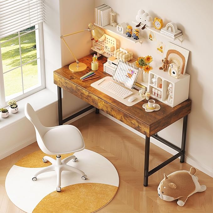VERMESS 40 Inch Solid Wood Desk with Drawers, Small Computer Desk for Small Space,Modern Makeup Vanity Desks No Mirror, Writing/Study/Work Table for Home Office, Kids Desks for Bedroom, Rustic Brown