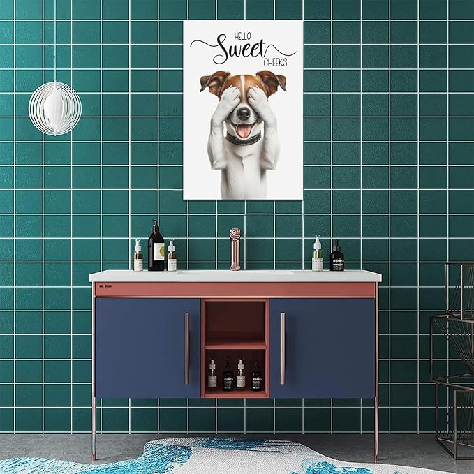 Bathroom Dog Wall Art Funny Dog Bathroom Pictures Wall Decor Hello Sweet Cheeks Toilet Bathroom Canvas Painting Home Modern Artwork Decorations Framed for Restroom 16 x 24 inch