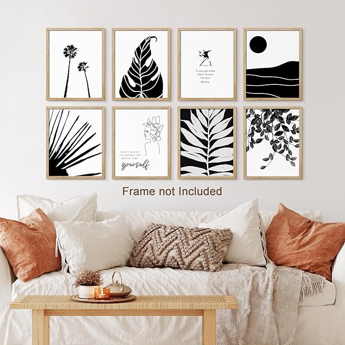SIGNWIN Adhesive Canvas Poster Bathroom Decor, Wall Art Room Decor Multicolor for Living Room, Bedroom, Office Black White Duotone Tropical Palm Landscape Nature Abstract Shapes - 8"x10"x 8