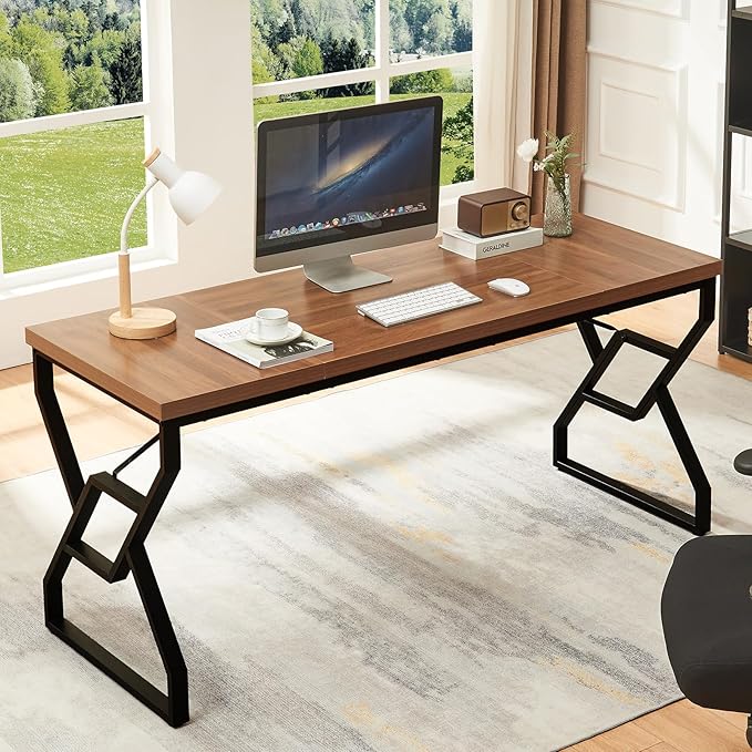 HOMISSUE 63-inch Executive Desk, Large Home Office Desk with Engineered Wood Tabletop and Metal Frame, Rustic Writing Desks with Sturdy Structure, Computer Desks for Home Office, Study Room,Brown