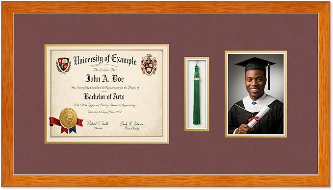Diploma Tassel and Photo Shadowbox Fits 10 x 8 Professional License with Tassel Hook and 5 Honey Oak Genuine Hardwood with Dark Red Over Metallic Gold Double mat