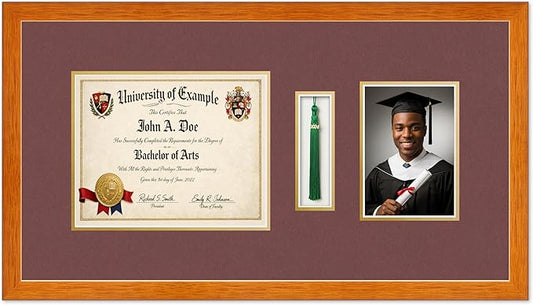 Diploma Tassel and Photo Shadowbox Fits 10 x 8 Professional License with Tassel Hook and 5 Honey Oak Genuine Hardwood with Dark Red Over Metallic Gold Double mat