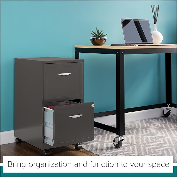 Space Solutions - 2 Drawer Fully Assembled Vertical Steel File Cabinet, Home & Small Office Use, Fits Under Most Desks, Letter-Size, Lock, Mobile, Metallic Charcoal