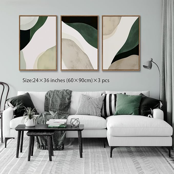 myusuar 3 Piece Large Modern Abstract Canvas Framed Wall Art For Living Room, Green Black White Minimalist Wall Art Decor Posters Prints For Bedroom Office 24x36in