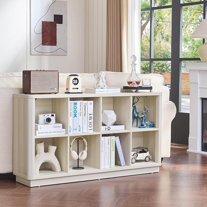 8 Cube Storage Bookcase, 52" Long Horizontal Book Shelf w/Curved Edge, Wood Low 2-Tier Cubby Console Bookshelf with Base, Modern Floor Standing TV Stand for Living Room, Gray-White Cream Oak