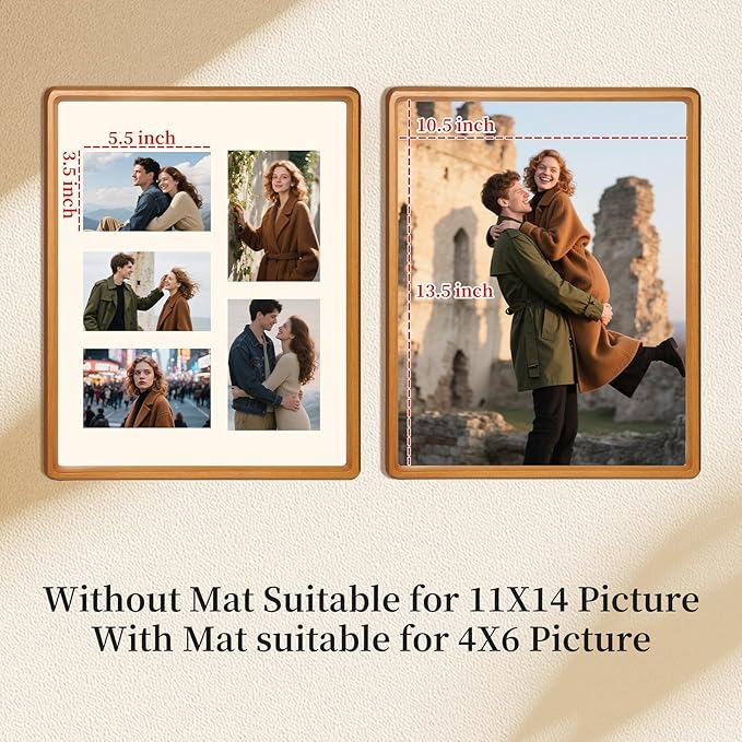 11x14 Collage Picture Frame Teak Wood, Multiple Five 4x6 Photos or 11x14 without Mat, Rustic Photo Frame with Tempered Glass Hanging Displaying Horizontally or Vertically