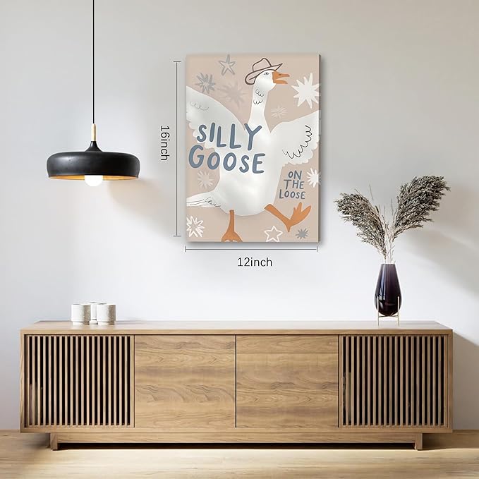 MJONG Funny Nursery Wall Art, Cowboy Silly Goose on the Loose Canvas Prints, Cute Farm Animal Country Wall Decor for Kids Bedroom or Playroom, Rustic Farmhouse Artwork – 12x16in