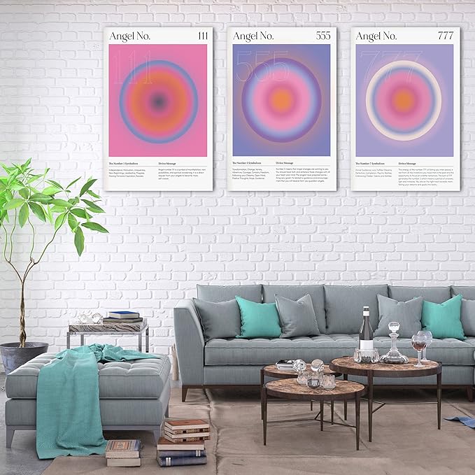 Colorful Gradient Aura Angel Numbers Poster Canvas Print Artwork Room Decor for Bedroom Aesthetic, 3 Piece Framed Inspirational Minimalist Art Paintings Decor for Bedroom Office 24"x36" x 3 Pcs