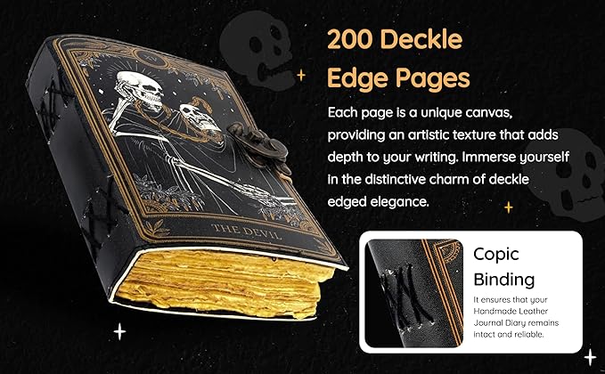TUZECH Book of Spells Leather Bound Journal Deckle Edge Paper Grimoire Printed Diary Third Eye witchcraft supply and Witch Spell Notebook Antique Vintage Book for Men and Women (The Devil)