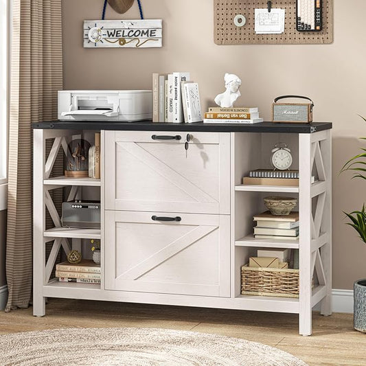 44" Lateral File Cabinet with Adjustable Shelves, Farmhouse 2 Drawer Filing Cabinet with Lock for Legal/A4/Letter, Wooden Printer Stand Office Furniture for Home Office, White and Black