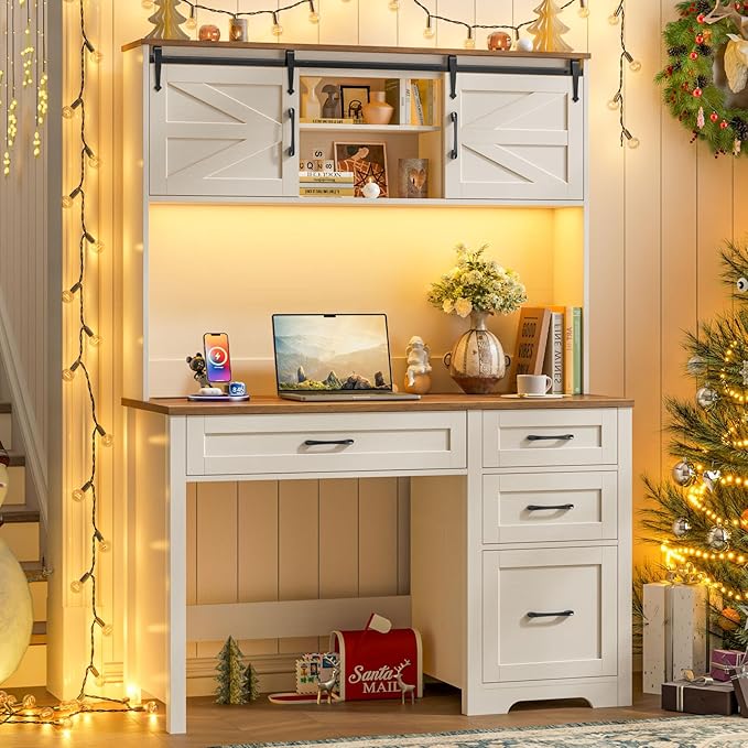Farmhouse 67" H Executive Desk with Hutch,Office Table with LED light and 4 Drawers,Computer Desk with Charging Station,File Drawers and Storage Cabinet,Workstation for Home Office.Unique White